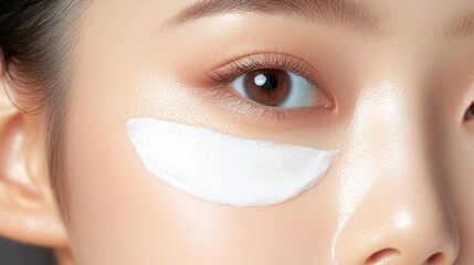 Close-up of asian female applying eye cream with smooth skin texture