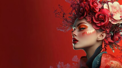 Caucasian female with floral headpiece and red makeup portrait on red background