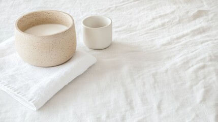 Minimalist ceramic cup and bowl on white linen textured background