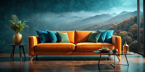 Stylish Orange Sofa Teal Cushions Dark Background Landscape Photography