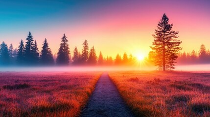 Obraz premium Pine forest sunset sky painted in radiant colors over peaceful meadow concept. Serene sunrise over a misty field with tall trees and vibrant colors.