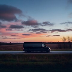 A solitary van travels along a winding country road surrounded by a vast field as the sun sets casting a warm cinematic glow over the scene