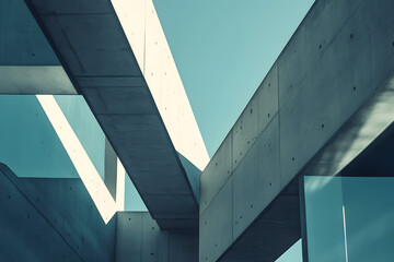 Fototapeta premium A striking view of contemporary concrete architecture, showcasing clean lines and geometric shapes against a clear blue sky.