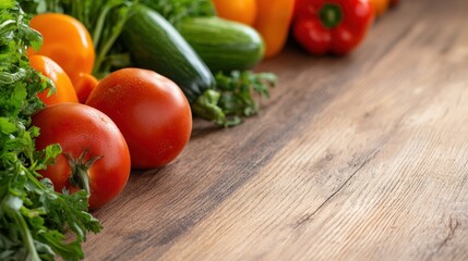 Fresh organic vegetables on wooden tabletop with tomatoes, cucumbers, peppers, and parsley