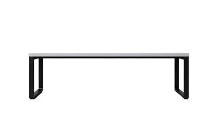 A low angle view of a white table with black legs on a black background