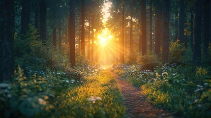 Fototapeta premium Sunset forests glow over misty meadow with radiant sunbeam concept. A tranquil forest scene with sunlight filtering through trees.