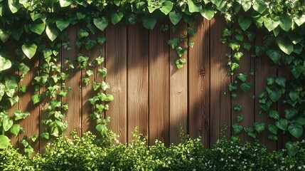 Fototapeta premium A clean wooden fence surrounded by fresh green ivy with natural lighting. background