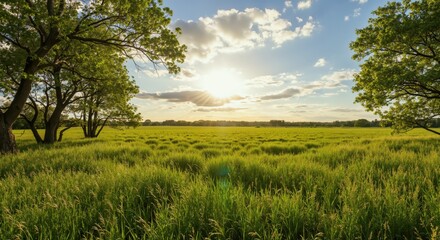 Serene green field with sunlight shining through trees  