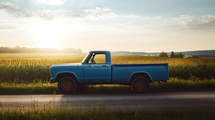 Fototapeta premium A blue pickup truck is parked on a country road surrounded by a field of crops under the soft warm lighting of the morning sun