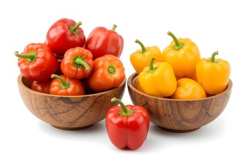 Red bell peppers and yellow bell peppers are filled in a wooden bowl. Isolated on a white background.