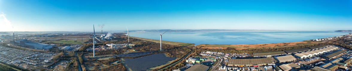 Aerial Panoramic View of Industrial Estate and Sea Port and Docks at Avonmouth Bristol City of England United Kingdom During Clear Cold Day of February 28th, 2025. 