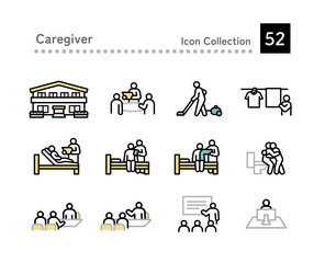 Icon set of caregivers working in elderly care facilities