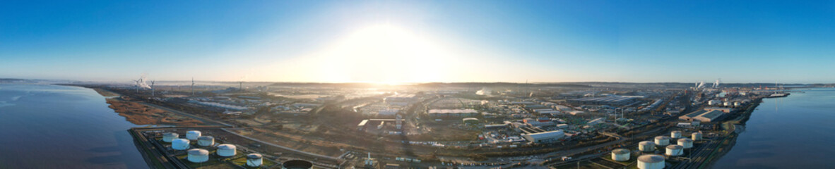 Aerial Panoramic View of Industrial Estate and Sea Port and Docks at Avonmouth Bristol City of England United Kingdom During Clear Cold Day of February 28th, 2025. 