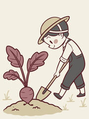 Rural idyll: vector graphics with a boy in a hat pulling out a vegetable against a natural background.