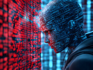 AI generated image of a futuristic humanoid robot scanning and analyzing a wall of digital binary code in red and blue tones, representing artificial intelligence, hacking, cybersecurity, and machine