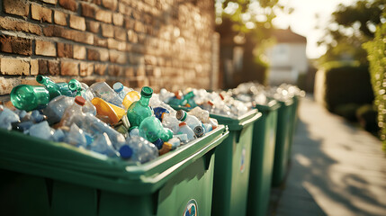 Colorful recycling bins overflowing with plastic bottles and containers, highlighting the importance of waste management.