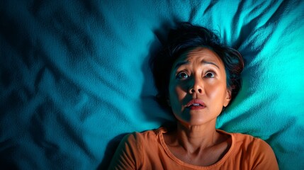 Anxiety experience at night bedroom portrait tense environment overhead view mental health awareness