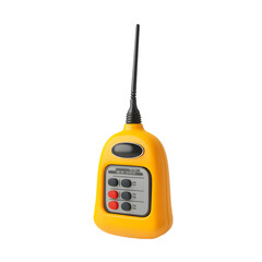 A yellow remote control with an antenna against a black background view