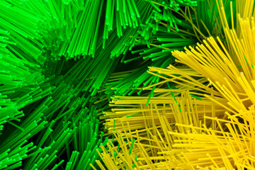 Green and Yellow Bristle in Close up. Neon Brush Bristles Macro Shot. Abstract Fiber Optic Bristles...