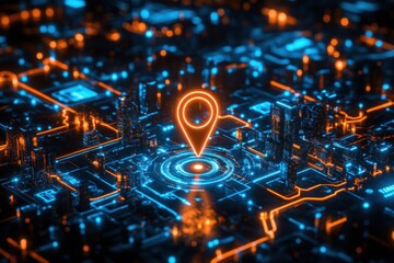 Illustration of digital city map with glowing location pin. AI tech in GPS navigation, innovation in delivery, transport logistics. Geolocation illustration concept for future business travel