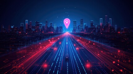 Illustration of digital city map with glowing location pin. AI tech in GPS navigation, innovation in delivery, transport logistics. Geolocation illustration concept for future business travel