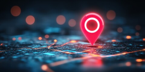Illustration of digital city map with glowing location pin. AI tech in GPS navigation, innovation in delivery, transport logistics. Geolocation illustration concept for future business travel