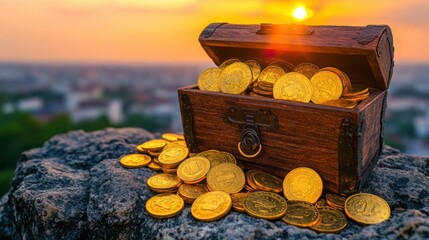 Wooden treasure chest brimming with golden coins sits atop stone surface at sunset. Blurred cityscape background. Abundant gold coins spill from chest. Rich colors of sunset illuminate