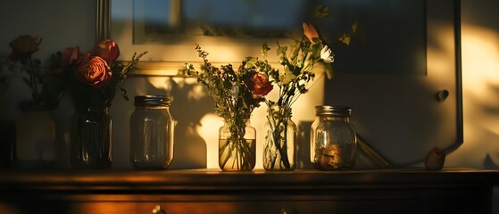 Elegant arrangement of flowers in glass jars displayed on a modern sideboard accentuated by warm cinematic lighting that creates a serene and inviting atmosphere