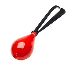 Isolated red teardrop shaped object with black strap on black background