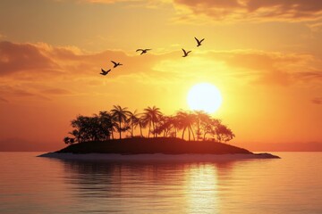 Naklejka premium Sunset view over a tropical island with palm trees and flying birds