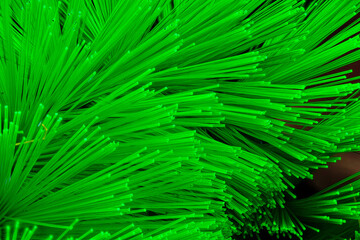 Bright and Abstract Fiber Optic Strands. Green Bristle in Close up. Abstract Fiber Optic Bristles...