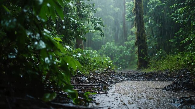 Image of a rainy forest scene with wet foliage and a muddy path