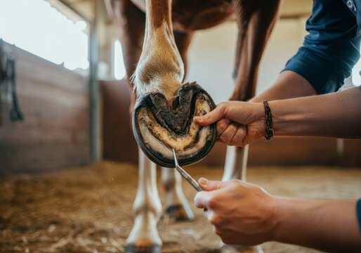Farrier cleaning horse hoof in stable, horse care and maintenance