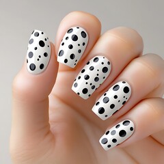 Close-up of black and white dalmatian nail art in a unique creative studio environment