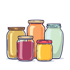 Five colorful glass jars preserving homemade food