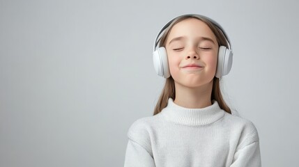 Young caucasian female child enjoying music with headphones on a light grey background