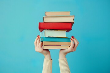 A pair of hands holding books, stacked on top of each other against a blue background. The person