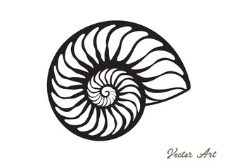Nautilus sea shell or spiral round snail shell vector silhouette on white background