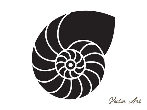 Nautilus sea shell or spiral round snail shell vector silhouette on white background