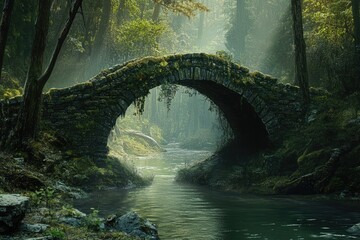 Ancient stone arch bridge over a tranquil forest stream. Lush foliage surrounds the misty pathway
