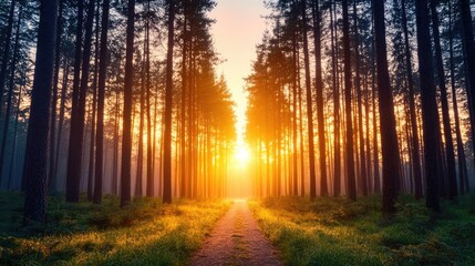 Fototapeta premium Sunset forests glow over misty meadow with radiant sunbeam concept. A serene forest pathway illuminated by a beautiful sunrise.