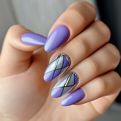Create chic lavender nails with metallic silver geometry for a stylish look