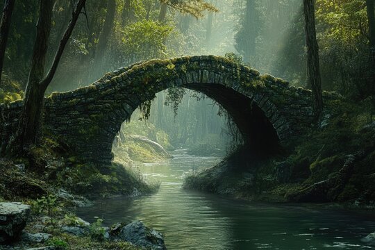 Ancient stone arch bridge over a tranquil forest stream. Lush foliage surrounds the misty pathway