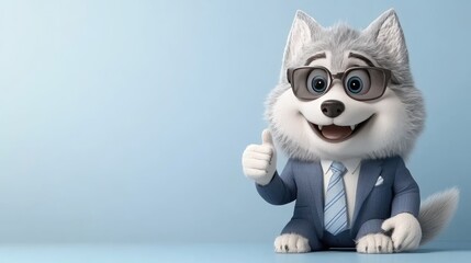 Fototapeta premium A cheerful wolf dressed in a business suit and sunglasses displays a thumbs-up gesture, radiating positivity and style