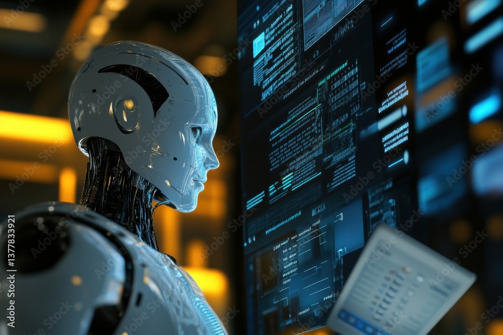 Poster robot interacts with data display in a futuristic environment at night