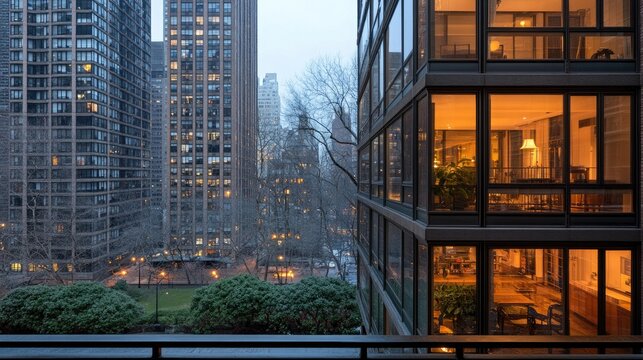 Tall buildings glow with city lights against the night sky, showcasing urban elegance and vibrancy over downtown at blue hour