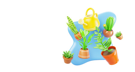 3d flower shop banner. Spring background with green plants in flower pots and yellow watering can on blue water liquid puddle. Florist store poster for online shopping, delivery, sale