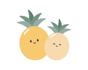 Cute print with pineapples. Summer background. Cartoon vector illustration isolated on white background. For card, posters, banners, printing on the pack, clothes, fabric, wallpaper, dishes.