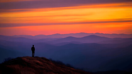 A lone hiker stands on a mountain top, gazing at a stunning sunrise over layered hills, evoking a sense of adventure and tranquility.