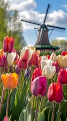 Colorful tulips in bloom against the backdrop of a traditional Dutch windmill captured with a modern cinematic lighting style for a unique and scene